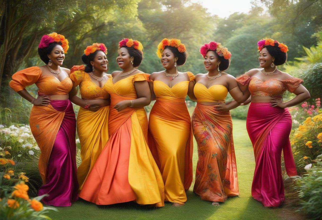 A diverse group of confident Black women of various sizes and shapes celebrating their curves in a vibrant outdoor setting, adorned with colorful traditional attire and accessories. They are joyfully engaging in activities like dance and laughter, surrounded by lush greenery and bright flowers symbolizing growth and beauty. Soft sunlight filters through the trees, casting a warm glow on their radiant skin. super-realistic. vibrant colors. outdoor scene.