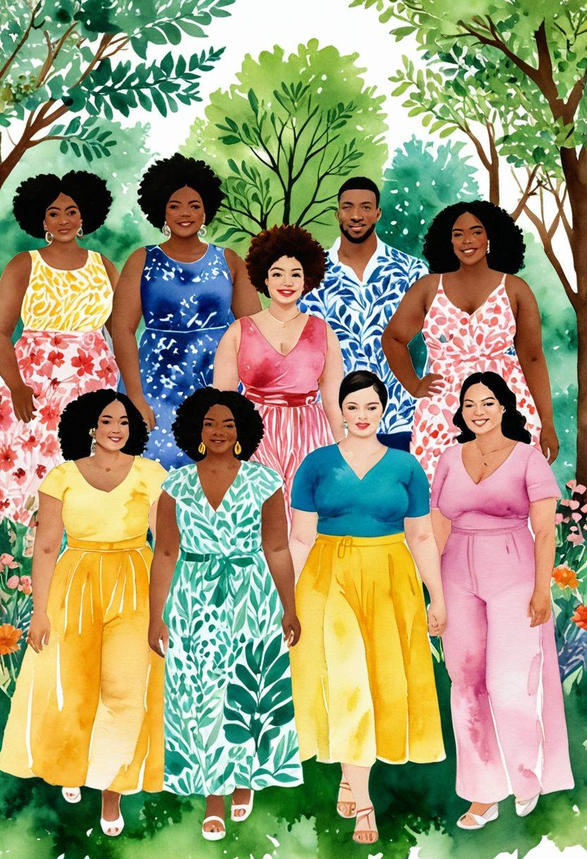 A vibrant collage showcasing a diverse group of individuals with varying body types, ethnicities, and styles, confidently embracing their uniqueness in a colorful park setting. Each person exudes joy and self-acceptance, adorned in fashionable clothing that reflects their individuality. Surround them with nature's beauty and uplifting messages about body positivity in the background. watercolor painting. bright colors. inspirational mood.