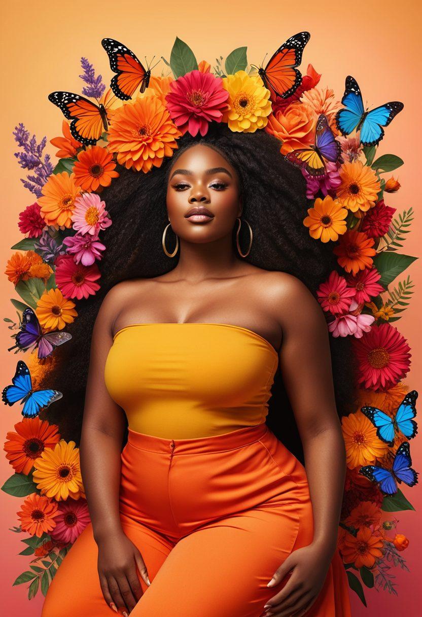 A powerful visual collage celebrating Black beauty and body positivity, featuring diverse women of various shapes and sizes joyfully embracing their bodies in vibrant, colorful attire. Include natural elements like flowers and butterflies to symbolize growth and empowerment. The background should be a warm gradient that radiates positivity and love. super-realistic. vibrant colors. uplifting atmosphere.